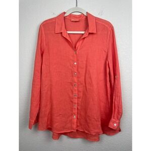 Tianello Tunic Top Womens Medium Coral 100% Linen Button Up Blouse Lagenlook